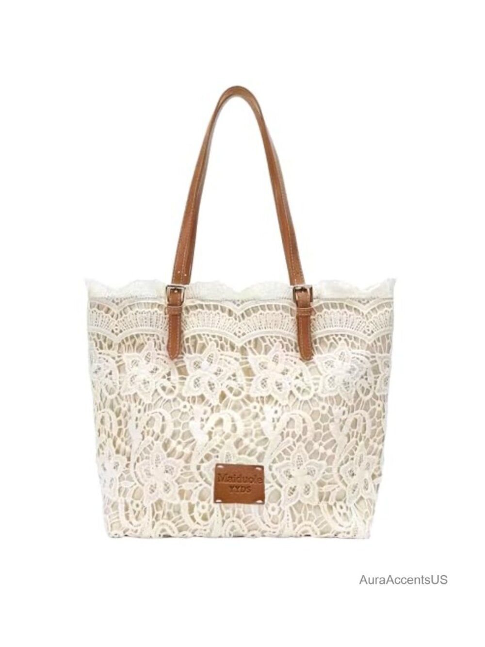 White Lace Overlay Tote with Kiss Lock Closure and Wrist Strap